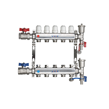 Коллекторная группа без. расх. 1"х6 вых. НЕРЖ., краны + узел коллекторн. концевой  VIEIR